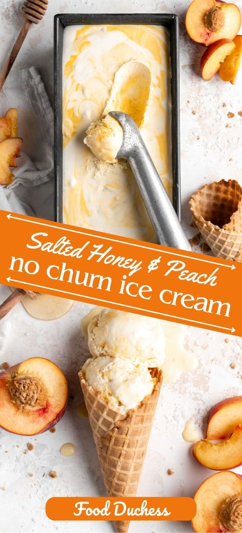 It’s sweet, it’s creamy, and it absolutely just screams summer, this Salted Honey and Peach No Churn Ice Cream is the summer-treat you’ve always been looking for! This no churn peach ice cream recipe features fresh, juicy peach chunks that are folded into a creamy no-churn ice cream batter. But this no-churn batter is special, because it has been infused with salted honey! The salt adds an amazing contrast to the ice cream, helping to amplify the flavors of the honey and peaches. No Churn Peach Ice Cream Recipes, No Churn Peach Ice Cream, Peach Ice Cream Homemade, Churn Ice Cream Recipes, No Churn Ice Cream Recipes, Non Bake Desserts, Homemade Ice Cream Recipes Machine, Bomb Pops, Peach Ice Cream Recipe