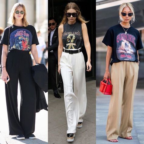 Wide trousers and vintage T-shirt combo 🖤 1, 2 or 3? Kinds Of Pants, Trousers Outfit, Insta Outfits, Trouser Outfit, Wide Trousers, Summer Outfit Inspiration, Outfit Women, Type Of Pants, Wide Pants