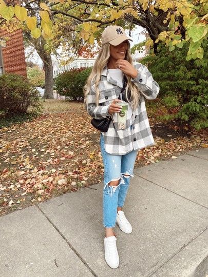 Fall casual cute outfit, SHACKET, plaid flannel style, button up sweater, autumn fashion, baseball hat, Levi’s distressed jeans, stacked white sneakers, amazon fashion, amazon finds, amazon fashion, designer dupe bag, purse, crossbody, Louis Vuitton faux bag http://liketk.it/2Z5jQ @liketoknow.it #liketkit #LTKunder50 #LTKstyletip #LTKsalealert #LTKfall Fall Outfit Baseball Hat, Shacket And Sneakers Outfit, Womens Outfit With Baseball Hat, Fall Outfit With White Sneakers, Casual Fall Outfits With Baseball Hat, Black Leggings Outfit Casual Sneakers, Flannel And Hat Outfit, Fall Outfits Jeans And Sneakers, Flannel And Sneakers Outfit