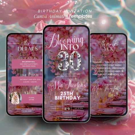 30th Birthday Invitation, Floral Animated Invite, Blooming Into 30, Dirty Thirty Brunch, Dinner Itinerary, Self Editable Template Glam Evite - Etsy Blooming Into 30, 30 Birthday Party Women, Glamorous Birthday, Hello Thirty, 30th Birthday Themes, Dirty Thirty, 30th Bday, 30th Birthday Invitations, Birthday Text