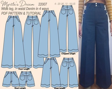 Pattern. Classic wide leg, in waist Denim trouser, in floor, cropped, knee and short length. Sizes 4-20 UK. Intermediate sewing project. Trouser Pattern, Pants Sewing, Sewing Projects Clothes, Everyday Pants, Make Your Own Clothes, Pants Sewing Pattern, Sewing Design, Diy Sewing Clothes, Clothes Sewing Patterns