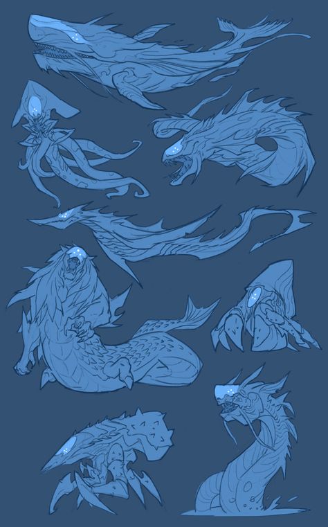 ArtStation - Beneath the Waves, Hua Lu Sea Monsters Drawing, Sea Monster Art, Ocean Monsters, Mythical Sea Creatures, Sea Creatures Drawing, Sea Creatures Art, Creature Artwork, Fantasy Beasts, Alien Concept Art