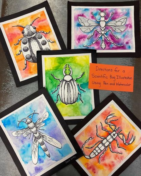 Symmetrical Bugs Art Lesson, Grade 8 Art Ideas, Smms Studio Art, Primary School Art Projects, Grade 8 Art Lessons, Grade 5 Art Ideas, Junior High Art Lessons, Grade 8 Art Projects, Bug Art Projects