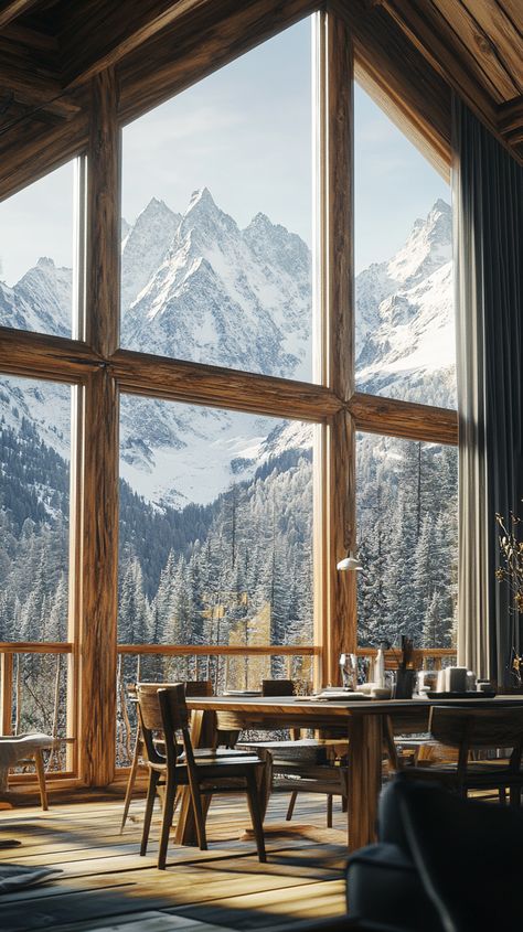 Rustic mountain cabin with big windows overlooking the peaks. Winter In The Mountains Aesthetic, Mountain Cottage Aesthetic, Cabin With Big Windows, Mountain Cabin Aesthetic, Rustic Mountain Cabin, Mountain Lake House, Visitors Center, Cabin Aesthetic, Mountains Aesthetic