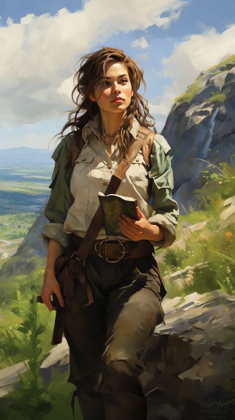 Female Explorer Character, Female Book Characters, Fantasy Adventurer, Female Character Design Brunette, Africa Art Design, Adventure Girl, Regular People, Artistic Pictures, Mountain Trail