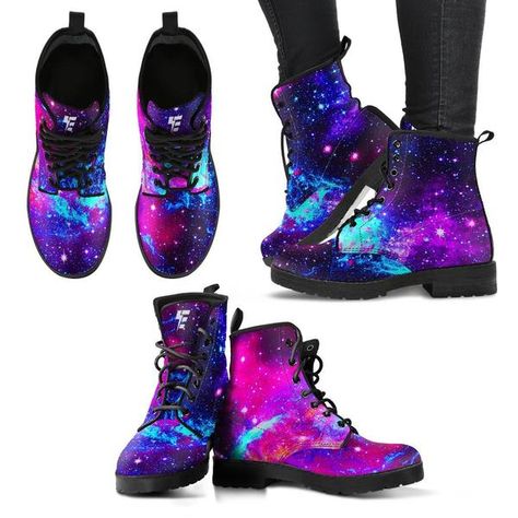 Galaxy Boots, Boho Chic Boots, Womens Leather Boots, Men Leather Boots, Galaxy Shoes, Floral Combat Boots, Combat Boots Style, Purple Boots, Purple Galaxy