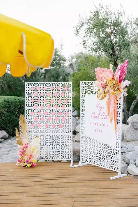 A Retro-Inspired Fall Wedding in Palm Springs Colorful Palm Springs Wedding, Palm Springs Hens, Palm Springs Inspired Wedding, Retro Palm Springs Party, Palm Royale Party Theme, Palm Springs Party Decor, Palm Springs Wedding Decor, Palm Spring Wedding, Funky Color Palette