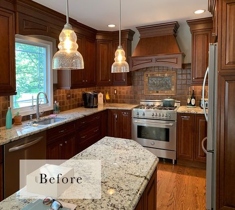 Stained Brown Kitchen Cabinets, Cherry Cabinet Kitchen Updates, Kitchens With Walnut Cabinets, Mixing Wood And Painted Kitchen Cabinets, Update Wood Kitchen Cabinets, Updated Cherry Kitchen Cabinets, Dark Walnut Cabinets Kitchen, Refinishing Cherry Cabinets, Updated Kitchen With Cherry Cabinets