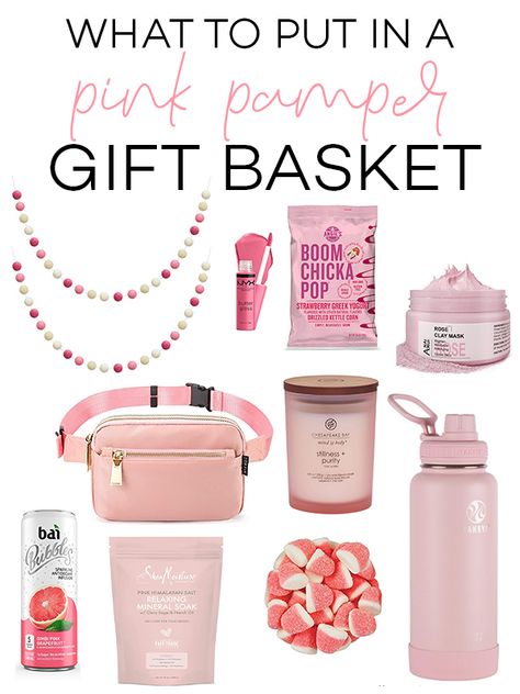 15 Gift Basket Ideas Everyone Will Love Receiving Pink Gift Basket Ideas For Women, Gift Basket Ideas Pink Theme, Pink Gift Ideas Friends, Pink Themed Gifts, Spa Easter Basket Ideas, All Pink Gift Basket Ideas, Robe Gift Basket Ideas, All Things Pink Gift Basket, Pampering Gift Basket Ideas