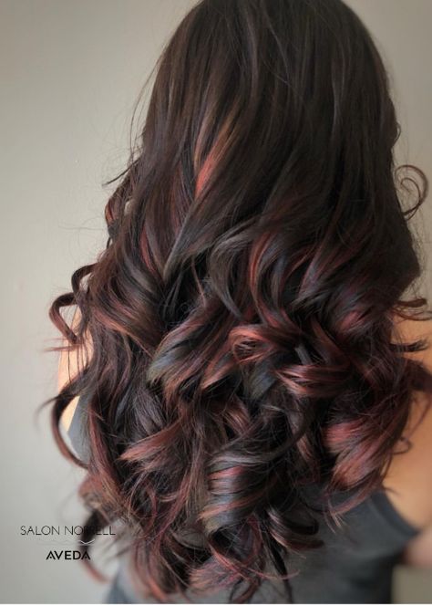 Plum And Dark Brown Hair, Auburn Peekaboo On Black Hair, Black Hair With Cinnamon Highlights, Break Up Hair Change, Dark Brown With Plum Balayage, Aveda Dark Brown Hair Color, Hispanic Hair, Hair Colors For Brunettes, Colors For Brunettes