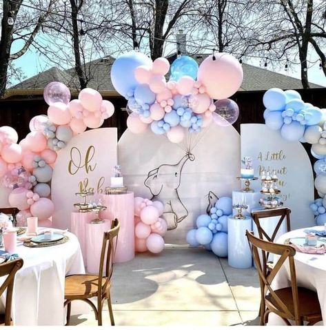 Gender Reveal Different Colors, Elephant Gender Reveal Party Decorations, Elephant Theme Gender Reveal, Elephant Gender Reveal Party, Modern Gender Reveal, Elephant Gender Reveal, Party Decorations Table, Gender Reveal Baby Shower Themes, Baby Gender Reveal Party Decorations