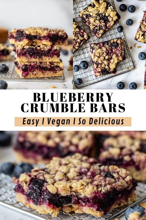 Blueberry Crumble Bars are super easy to make and great as dessert, a snack, and even for breakfast! Vegan friendly too! Vegan Blueberry Recipes, Vegan Blueberry Crumble, Blueberry Breakfast Bars, Easy Blueberry Desserts, Berry Crumble Bars, Vegan Crumble, Plant Based Dessert Recipes, Blueberry Crumble Bars, Blueberry Filling