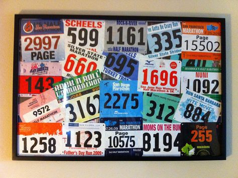 15 Things To Do With Your Old Race Bibs and Medals Running Bib Display, Race Bib Display, Race Medal Displays, Running Bibs, Running Medal Display, Race Medal, Running Medals, Race Bibs, Award Display