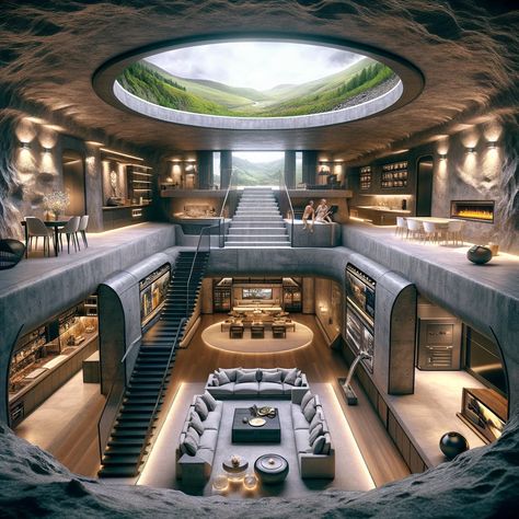 Futuristic Bunker, Underground Bunker Luxury, Underground Homes Hidden, Subterranean Homes, Futuristic Garage, Futuristic Architecture Home, Bunker Design, Cyberpunk House, Futuristic Apartment