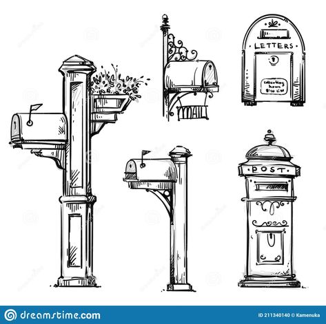 Set of Vintage Mailboxes, Post Mounted Mailbox Vector Sketch Stock Vector - Illustration of house, drawn: 211340140 Mailbox Sketch, Post Box Drawing, Vintage Mailbox, Mailbox Design, Watercolor Portrait Painting, Mailbox Post, Pen Art Drawings, Mounted Mailbox, Envelope Art