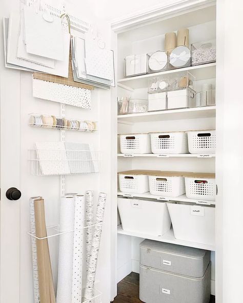 Hall Closet Organization, Small Closet Storage, Gift Wrap Organization, Closet Organization Ideas, Utility Closet, House Organization, Organized Pantry, House Organisation, Linen Closet Organization