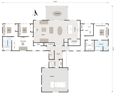 Remove garage add 2nd master bedroom off kid zone redesign the master bed entrance for better use of the space. Garages would be located under as walk-out basement theory.   Matai 246 - Ikon Homes Gallery Hallway, Floor Plan Ideas, Home Design Floor Plans, Build Your Own House, Houses Plans, Apartment Plans, House Layout, Home Floor Plans, Southern Home