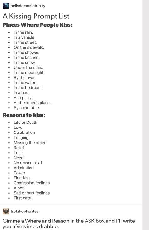 Types Of Kisses Prompts, How To Describe A Kissing Scene, Writing A Kiss Scene, How To Write A Kissing Scene, Angry Kiss Prompt, Kissing Prompts, Kiss Prompts, First Kiss Prompts, Kiss Tumblr