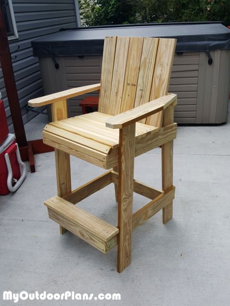 Bar Height Adirondack Chair - DIY Project | MyOutdoorPlans | Free Woodworking Plans and Projects, DIY Shed, Wooden Playhouse, Pergola, Bbq Meja Outdoor, Bar Chairs Diy, Kursi Outdoor, Adirondack Chairs Diy, Diy Bar Stools, Wood Chair Diy, Adirondack Chair Plans Free, Bar Height Chairs, Adirondack Chair Plans