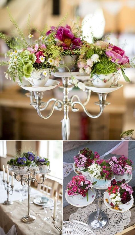 Candelabra Wedding, Koti Diy, Tafel Decor, Shabby Chic Dresser, Vintage Tea Party, Tea Party Ideas, בר מצווה, Tea Pots Vintage, Mod Wedding