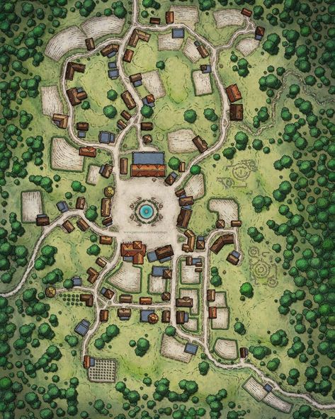 Elven City Battlemap, Medieval Town Map, D&d Town Map, Medieval Village Map, Medieval Dynasty Village Layout, Forest Village Map, Fantasy Map Village, Dnd Map Ideas, Town Map Dnd