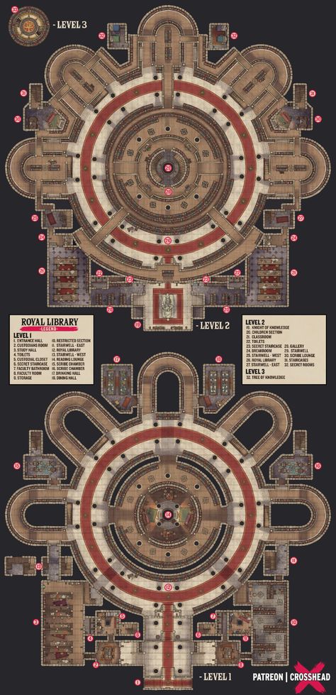 The Royal Library | Crosshead on Patreon Library Battlemap, Gaming Reference, Royal Library, Cartographers Guild, Fantasy City Map, Building Map, Dnd World Map, Fantasy Town, Tabletop Rpg Maps