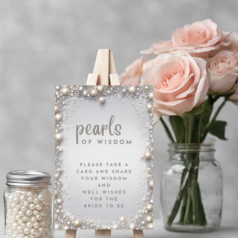 This Pearls of Wisdom Table Sign Template is from our DIAMONDS & PEARLS line. An elegant, editable, easy-to-personalise design. Easily upload and add your own details. Personalise your template in Canva, a simple-to-use template editor that works in your web browser (and via your mobile device). -------------------------------------- PRODUCT SPECIFICATION -------------------------------------- 1 x editable 5 x 7 Bridal Shower Pearls of Wisdom Table Sign Template. Please note: - Template size and