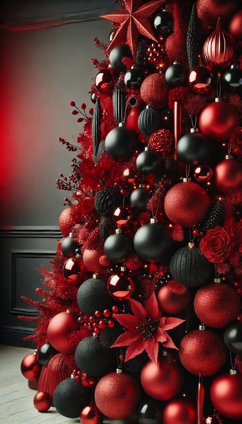 Black And Gray Christmas Decor, Christmas Tree With Black And Red Ornaments, Dark Holiday Decor, Red And Black Xmas Tree, Black White Gold Red Christmas Tree, Black Red And Gold Christmas Decor, Black Red And White Christmas Tree Decorating Ideas, Black Tree Red Ornaments, Black Red Gold Christmas Decor