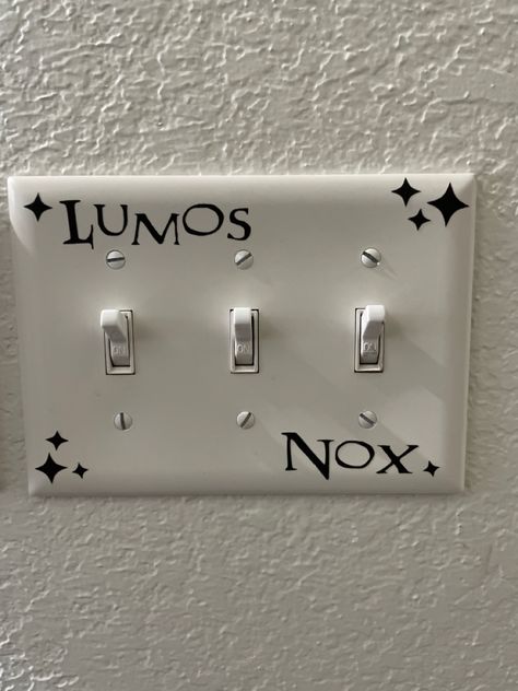 I used my cricut to make this Harry Potter inspired light switch decal. I also used the black glotter cricut vinyl:) Which other decals should I make?? Harry Potter Bedrooms, Lumos Nox Light Switch, Lumos Nox, Light Switch Decal, Harry Potter Painting, Light Switch Sticker, Random Art, Lighting Inspiration, Cricut Vinyl