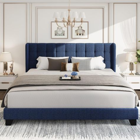 Amazon.com: WEEWAY King Size Wingback Upholstered Platform Bed Frame with Box-Tufted Stitched Headboard and Wooden Slats/No Box Spring Needed/Easy Assembly, Dark Blue : Home & Kitchen Navy Bed Frame, Navy Blue Bedroom Furniture, Navy Velvet Bed, Royal Blue Bed, Navy Blue Headboard, Navy Blue Bed, Navy Bed, Carbon Fabric, Headboard Bedroom