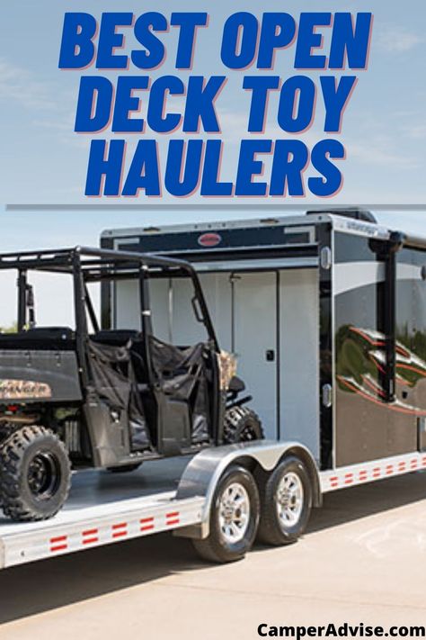 In this article, I have listed 4 Best Open Deck Toy Hauler. These Rear Open Deck Toy Haulers are perfect if you have big toy to tow with while camping. Toy Haulers For Sale, Toy Hauler Trailers, Open Deck, Toy Haulers, Open Trailer, Sports Toys, Toy Hauler, Travel Trailers, Camping Trailer