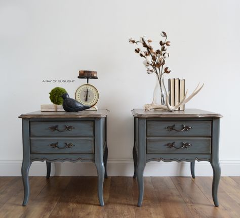 Living Room Furniture Makeover, French Provincial Nightstand Makeover, Farmhouse Bedroom Paint Colors, French Provincial End Tables, French Provincial Nightstands, End Table Makeover, Weathered Wood Finish, Blue Painted Furniture, Nightstand Makeover