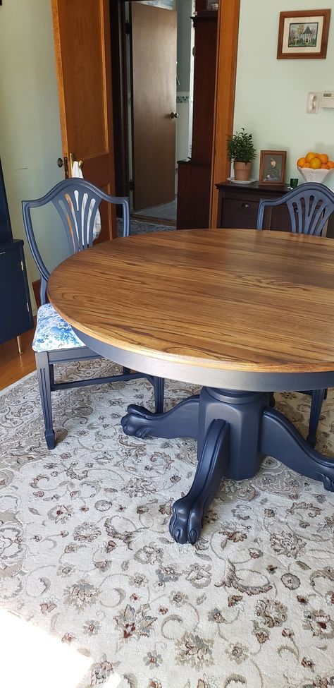 Cappuccino table top and Midnight Blue base and chairs.....gorgeous Blue Painted Table And Chairs, Repurposed Table And Chairs, Refinished Dinning Room Tables, Dinning Room Table With Blue Chairs, Dining Room Table Blue, Redoing Table And Chairs Diy, Two Tone Dinner Table, Blue Kitchen Table Painted, Wood Top Table With Painted Base