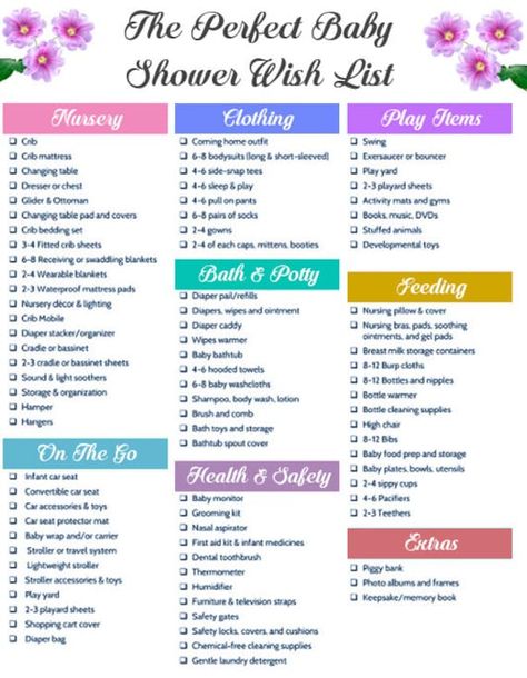 A checklist for all your baby shower needs. A good check list to make sure your registry is filled with all the items you need for baby. Baby Shower Registry List, Newborn List, Baby Shower List, Baby Shower Gift List, Baby Shower Checklist, Baby Shower Registry, Baby Registry Checklist, Baby Wish List, Registry Checklist