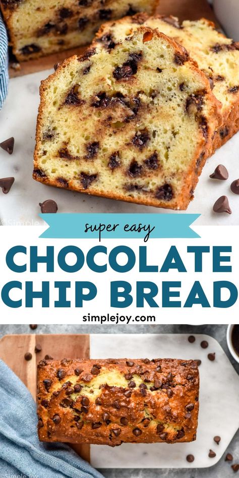 Make this Chocolate Chip Bread this weekend! It is so easy to make with no kneading and no rising. This is the perfect quick bread. Monkey Bread Chocolate Chip, Chocolate Chip Cookie Bread, Bread Recipes For Gifts, Mini Chocolate Chip Loaf, Homemade Chocolate Bread, Cake Mix Quick Breads, Self Rising Flour Recipes Desserts, Brown Bread Recipes Easy, Chocolate Chip Bread Loaf