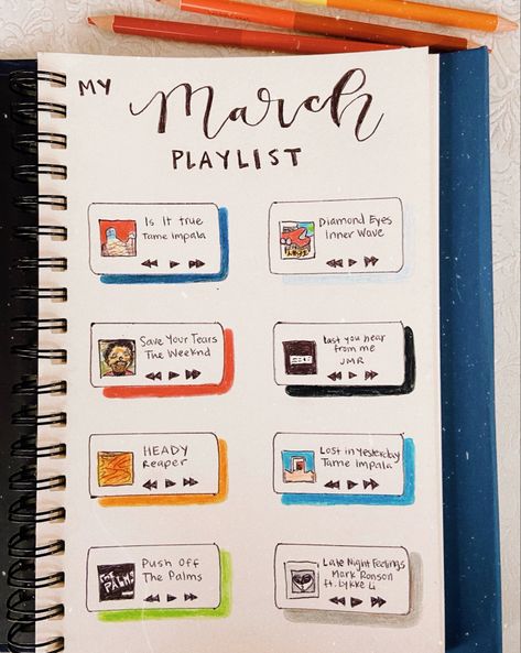 Music Drawings Doodles Art Journals, Sketchbook Music Drawings, Playlist Sketchbook, Music Playlist Drawing, Playlist Gift Ideas, Playlist Doodle, Playlist Drawing Ideas, Music Journal Ideas, Music Journaling