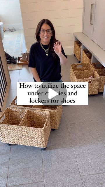 OrganizeDetroit on Instagram: "Have you ever thought of this? The wheels make taking the shoes out so easy and since we are putting two baskets together, we get to maximize on all of the space!" Mudroom Shoe Baskets, Basket Shoe Storage, Diy Shoe Drawer, Uniform Storage Ideas, Mudroom Storage Baskets, Shoe Basket Ideas, Mud Room Shoes Storage Ideas, Mudroom Baskets, Shoe Storage Basket