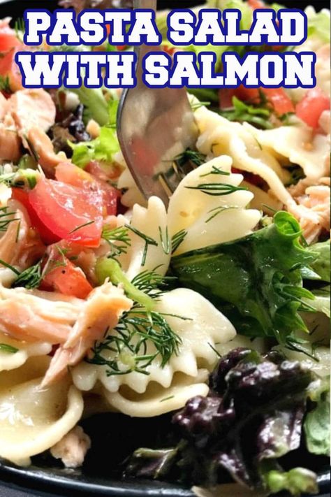 Pasta Salad with Salmon, everything you need this summer. Light, but filling at the same time, with fresh salad leaves and tomatoes, baked salmon and a tangy dill dressing. Whether you enjoy it at home or on your lunch break at work, or just have a quick dinner, this salad will be your new favourite recipe. The homemade salad dressing is light and healthy, with no mayo added. Swap cooked salmon for smoked salmon if you wish. Pasta Salad No Mayo, Salmon Pasta Salad Recipes, Best Italian Pasta Recipes, Salmon Pasta Salad, Pasta Salad Salmon, Salad With Salmon, Smoked Salmon Pasta, Dill Dressing, Caprese Pasta Salad