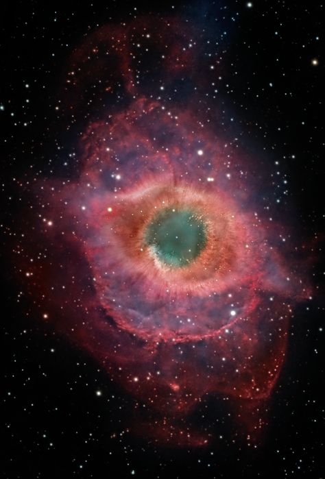 The Helix Nebula (NGC 7293 or also the eye of God): Planetary nebula in the constellation Aquarius with brightness of +6.30. The apparent diameter is specified with 16.0 'x 28.0'. Photo shown here has a diagonal field of view width (FOV) of slightly more than 1 °. The whole structure with all the fine nebulae around is much greater than the usually specified diameter. Picture was stacked from 200 shots h-Alpha & 135 shots RGB with a total exposure time of 37 hrs. Constellation Aquarius, Planetary Nebula, Eye Of God, Helix Nebula, Astronomy Pictures, Astronomy Constellations, Astronomy Art, Andromeda Galaxy, Universe Galaxy