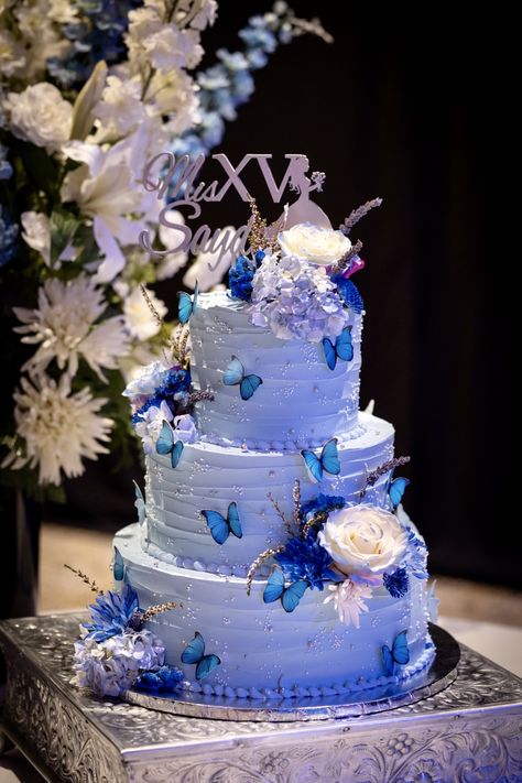 Corps Bride Quince Theme, Quince Blue Cake, Blue Quinceanera Butterfly Theme, Quince Decorations Blue Butterfly, Sweet 16 Birthday Cakes Blue, Royal Blue Cakes Quinceanera, Butterfly Xv Theme, Royal Blue Birthday Cake For Women, Sweet 16 Blue Cake