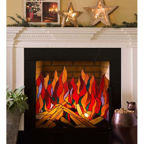 Found it at Wayfair - Roaring Fire Screen Stained Glass Fireplace Screen, Glass Fireplace Screen, Fire Screen, Painted Glass Art, Glass Fireplace, Fireplace Screen, Stained Glass Diy, Stained Glass Lamps, Stained Glass Crafts