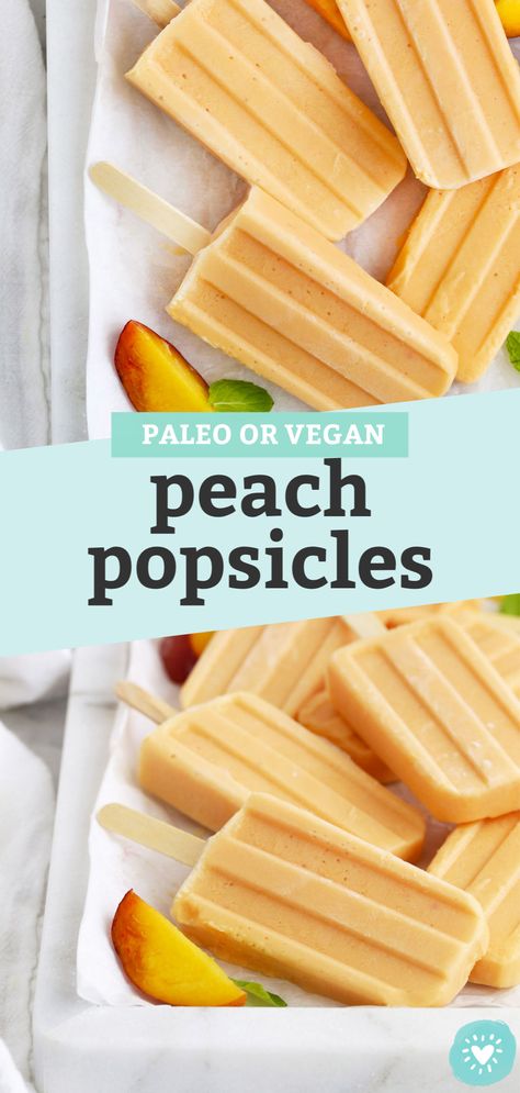 Creamy Peach Popsicles - These peaches-and-cream popsicles are made from healthy ingredients and SURE to please when the weather heats up! (Gluten-Free, Paleo, Vegan) // Peach ice pops // peach creamsicles // peaches and cream popsicles // healthy peach popsicles #popsicles #healthysnack #vegan #paleo #peach Meal Prep Snacks Healthy, Swerve Recipes, Peach Popsicles, Vegan Popsicles, Energy Bites Healthy, Vegan Peach, Paleo Appetizers, Healthy Popsicles, Dairy Free Yogurt