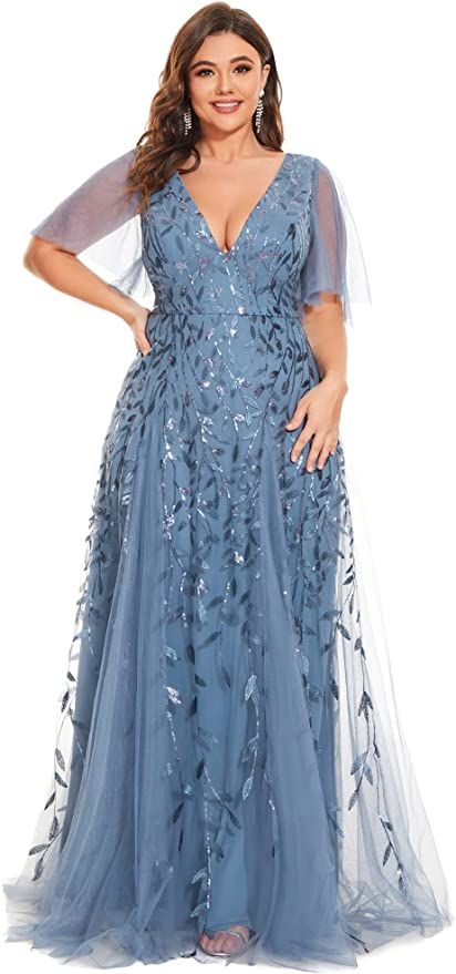 Amazon.com: Ever-Pretty Womens Double V Neck A-line Sequin Plus Size Long Dance Party Dress Haze Blue US16 : Clothing, Shoes & Jewelry Periwinkle Bridesmaid Dresses, Plus Size Maid Of Honor Dress, Tulle Formal Dress, Maid Of Honor Dress, Womens Evening Gowns, Maid Of Honour Dresses, Plus Size Gowns, Tulle Evening Dress, Plus Size Bridesmaid