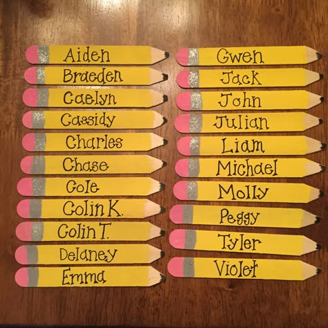 Popsicle Sticks Names Classroom, Pencil Popsicle Sticks, Pencil Name Sticks, Classroom Names Ideas Teachers, Classroom Popsicle Sticks, Big Bulletin Board Ideas Classroom, Name Popsicle Sticks Classroom, Student Name Sticks, Popsicle Stick Names Classroom