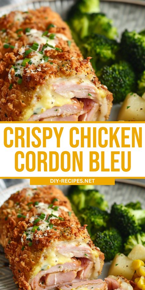 Enjoy Crispy Chicken Cordon Bleu with this delicious recipe. Perfect for a special meal or dinner party. #CrispyChicken #SpecialDinner Cordon Bleu Chicken Recipe Easy, Crispy Chicken Cordon Bleu, Sunday Family Dinner Recipes, Crispy Chicken Recipes Dinners, Chicken Recipe For Dinner Party, Cordon Blue Casseroles, Sunday Supper Ideas Families, Chicken Cordon Blue Recipes, Blue Collar Dinner Ideas