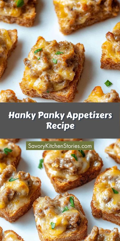 Searching for a tasty and easy appetizer that wows? Hanky Panky appetizers offer a mouthwatering mix of ingredients that will delight your taste buds. Make sure to save this recipe so you can impress at your next gathering! Appetizers With Ground Beef, Easy Holiday Snacks, Savoury Finger Food, Christmas Appetizers Easy, Cheesy Appetizer, Savory Recipe, Holiday Appetizers Easy, Make Ahead Appetizers, Christmas Recipes Appetizers