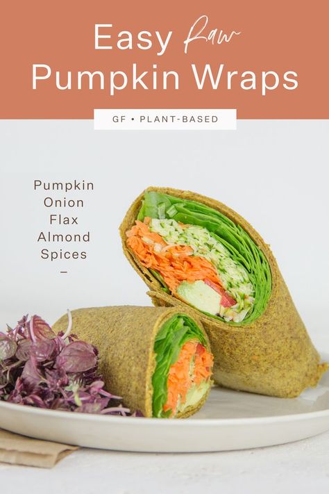 Raw wraps with pumpkin, onion, flax, almonds and spices. Fill them with salad for a healthy light lunch! #wraps #homemadewraps #rawwraps #glutenfreewraps Healthy Recipes Breakfast, Healthy Light Lunches, Raw Vegan Recipes Easy, Homemade Wraps, Raw Vegan Dinners, Raw Wraps, Breakfast Savory, Raw Food Diet Plan, Savory Pumpkin