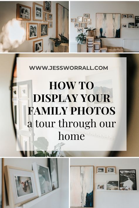 Grouping Family Photos On Wall, Family Photo Living Room Decor, Family Pictures Decor Ideas, Displaying Photos In Home, Photos In House Ideas, Where To Put Family Pictures In House, Family Photo Home Decor, How Display Family Photos, Framed Family Pictures Display Ideas