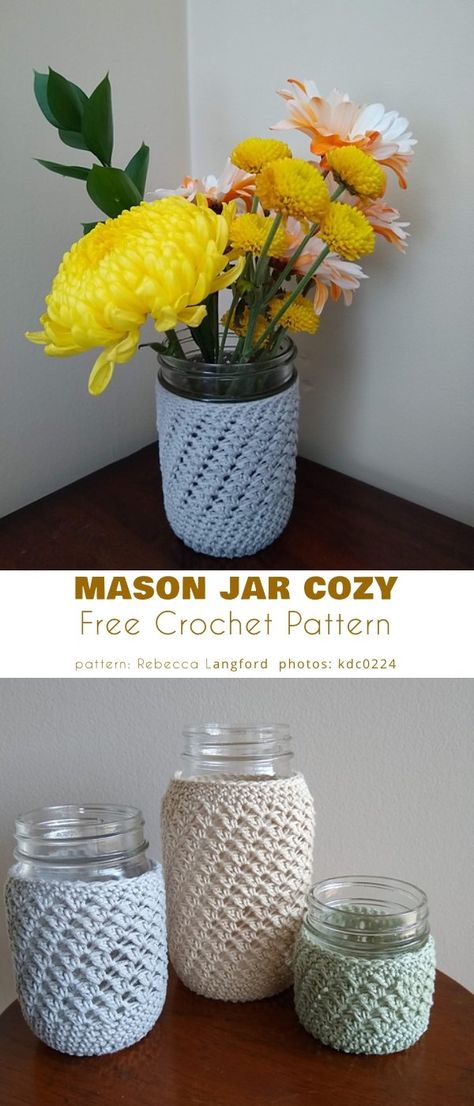 Mason Jar Cozy Crocheted Mason Jar Covers Pattern, Crochet Covers For Mason Jars, Crochet Candle Jar Covers, Mason Jar Koozie Crochet, Jar Cozy Crochet Pattern, Mason Jar Cozy Crochet Pattern, Mason Jar Cozies Crochet, Crochet Mason Jar Cozy Pattern Free, Crochet Jar Cozy Free Pattern