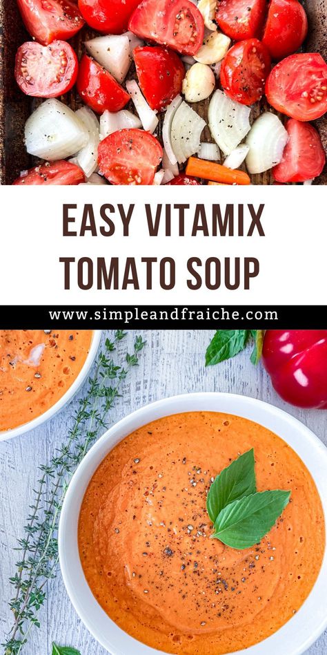 This Vitamix Tomato Soup recipe is so easy to make and incredibly delicious. All you need to do is roast your tomatoes on a sheet pan, then blend them up in the Vitamix with a little coconut milk and you've got yourself a nutrient-dense, flavorful soup made with fresh ingredients, that the whole family will love. Vitamix Tomato Soup, Vitamix Soup Recipes, Vitamix Soup, Roast Tomato Soup Recipe, Fresh Tomato Soup, Tomatoes On Toast, Bisque Soup, Tomato Soup Homemade, Tomato Soup Recipe